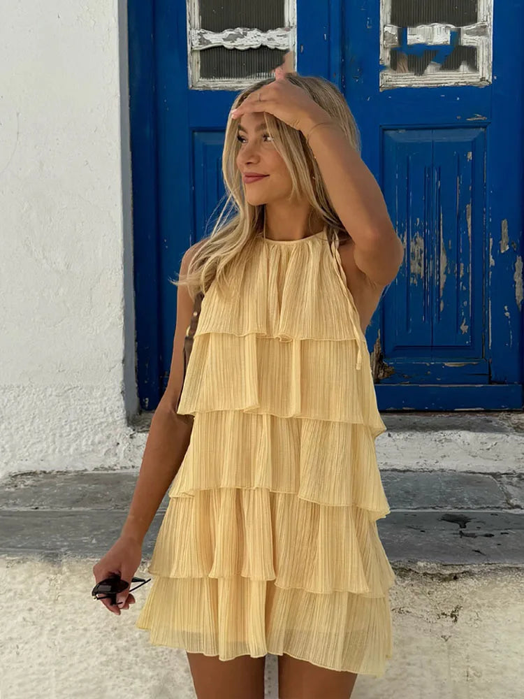 HH Women's Summer New Popular Sweet Laminated Decorative Halter Neck Dress Female Classy Sexy Backless Mini Sleeveless Dress