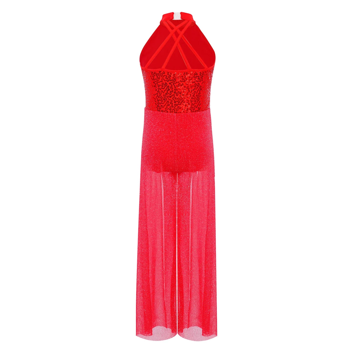 Children Girls Modern Lyrical Dance Jumpsuit Sleeveless Shiny Sequin Mesh Split Ballet Figure Skating Gymnastic Leotard Bodysuit