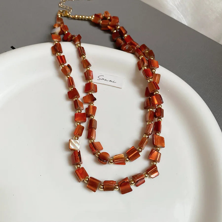 Boho Double-layer Shell Long Necklace for Women Vintage Irregular Beads Necklace Female Summer Vacation Jewelry Holiday Gifts