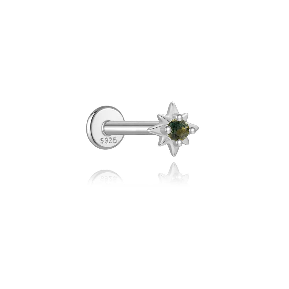 AIDE Water Grass Agate 925 Sterling Silver Flat Head Thread Piercing Earring Green Moss Piercing Ear Bone Earring Jewelry 1pc