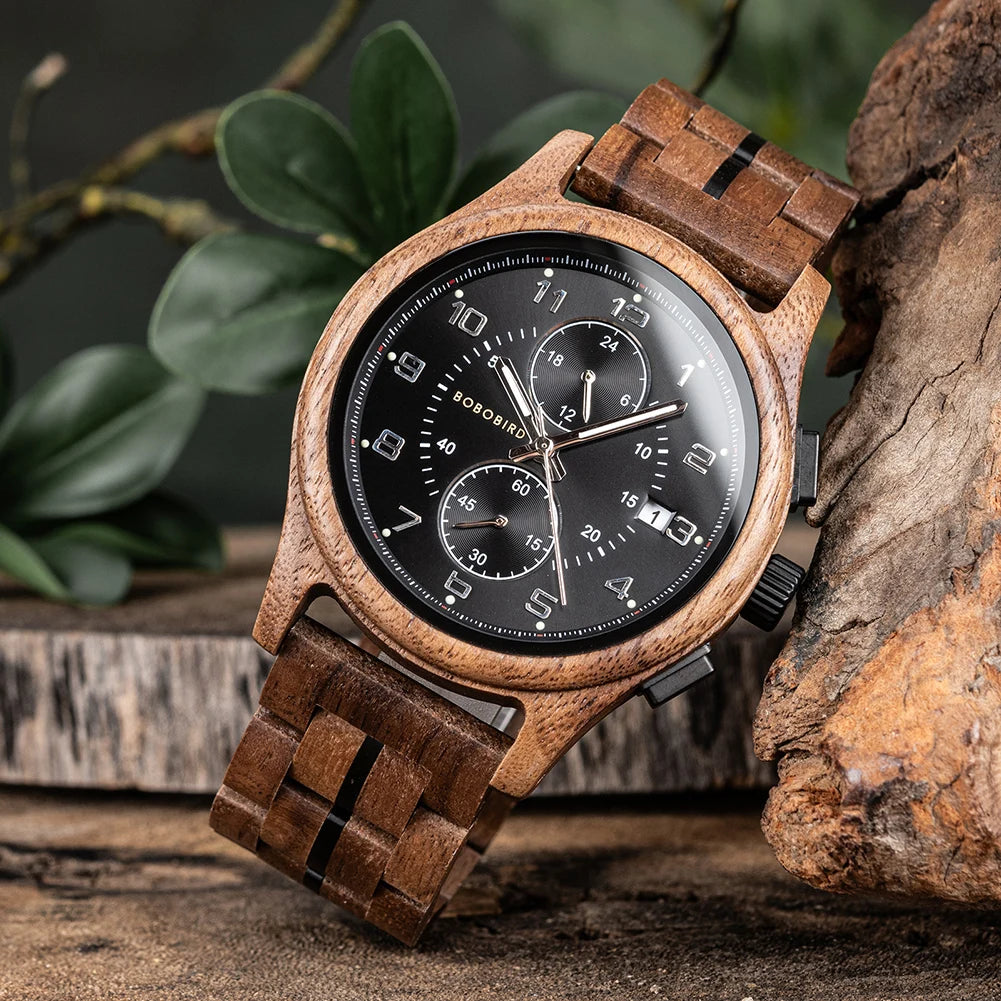 Wooden Watch for Men BOBO BIRD Chronograph Wristwatch with Luminous Hands Wood Watches Anniversary Gift for Him