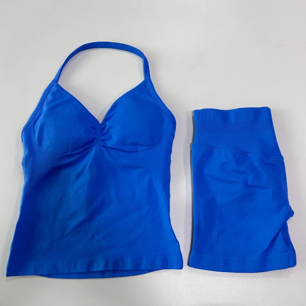 2Pcs Gym Set Women Backless Tank Tops High Waist Scrunch Seamless Shorts