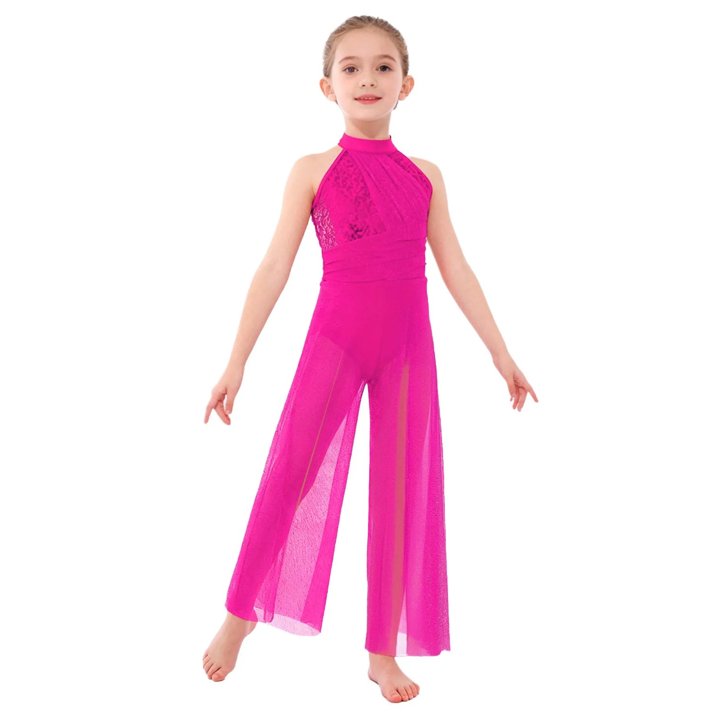 Children Girls Modern Lyrical Dance Jumpsuit Sleeveless Shiny Sequin Mesh Split Ballet Figure Skating Gymnastic Leotard Bodysuit