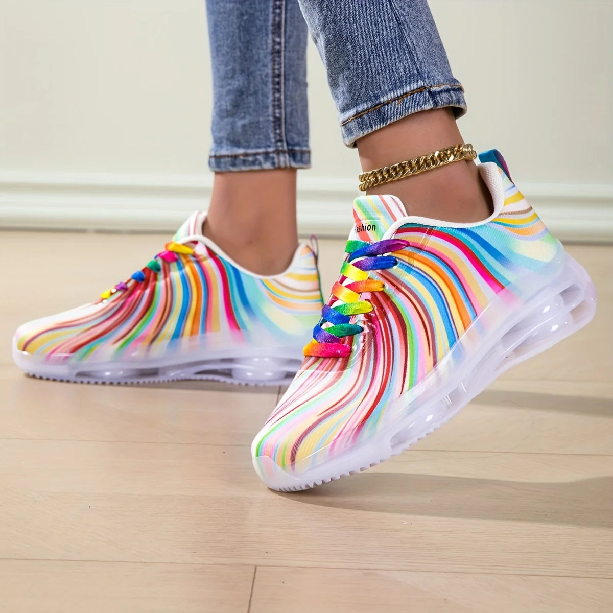 Women's Rainbow Stripe Casual Sports Shoes Summer Mesh Fashion Flat Beach and Leisure Holiday Lace-up Running Shoes for Ladies