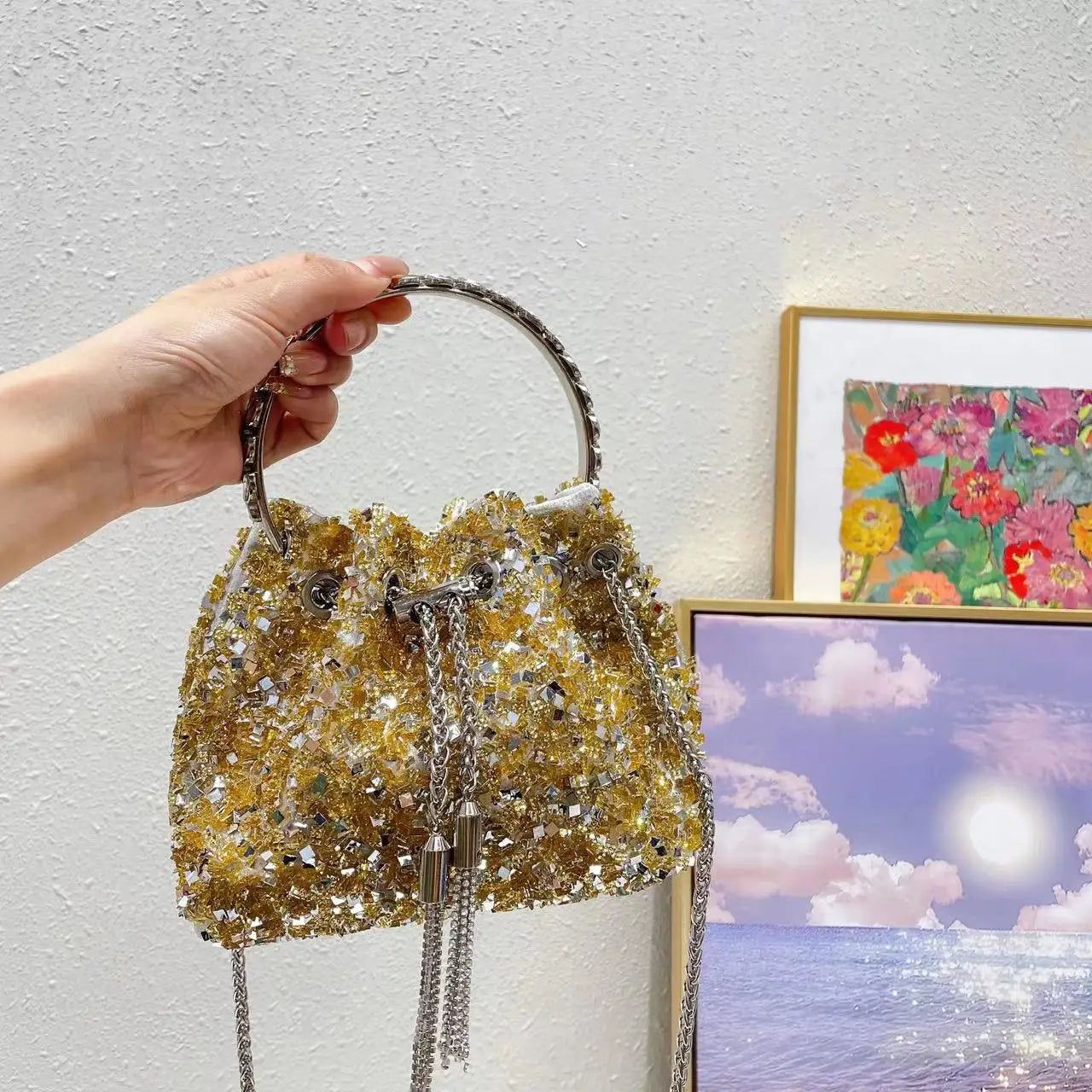 Luxury Designer Colorful Stones Evening Clutch Bag Wedding Party Bucket Purse Metal Handle Women Handbag Shoulder Messenger Bag