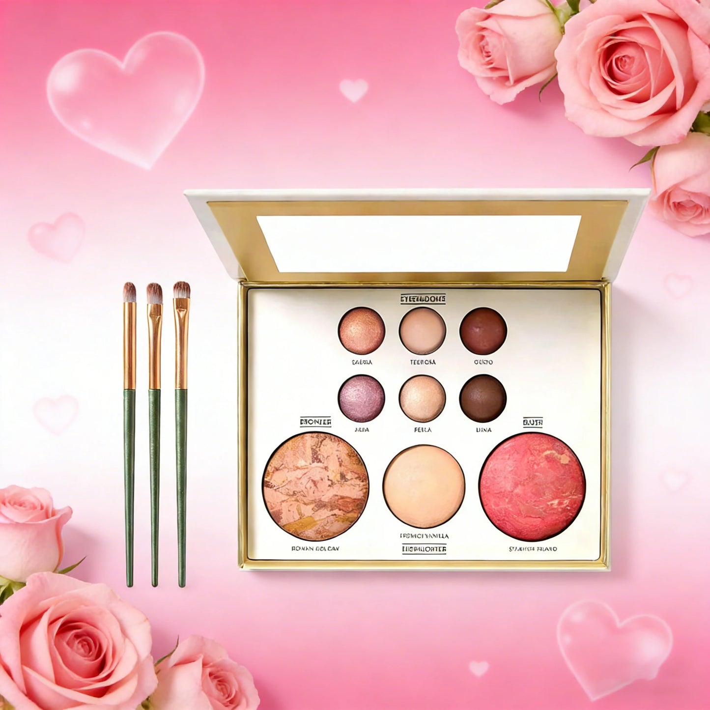 Multicolor Baked Powder Makeup Set Waterproof Brightening Setting Concealing Smudge Proof with 3 Pcs Brushes Valentine's Day Gif