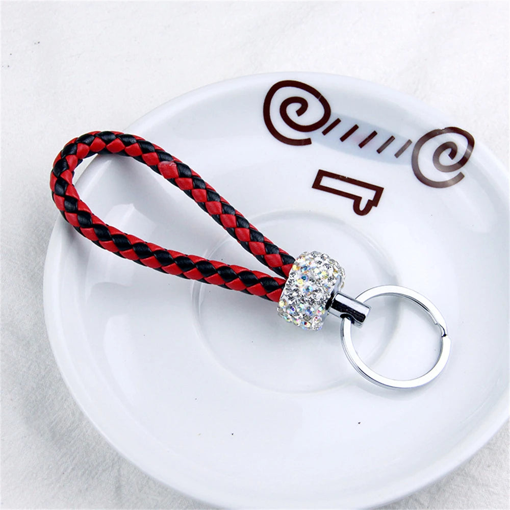 Creative Hand Woven Leather Car Keychain With Diamond Women Men Wallet Backpack Charm Bling Crystal Rope Keyring For Couple Gift