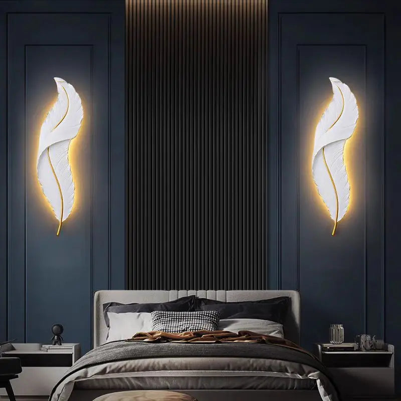 Nordic feather wall lamp, living room, bedroom, headboard, foyer, creative feather lamp, resin aisle, minimalist background ligh