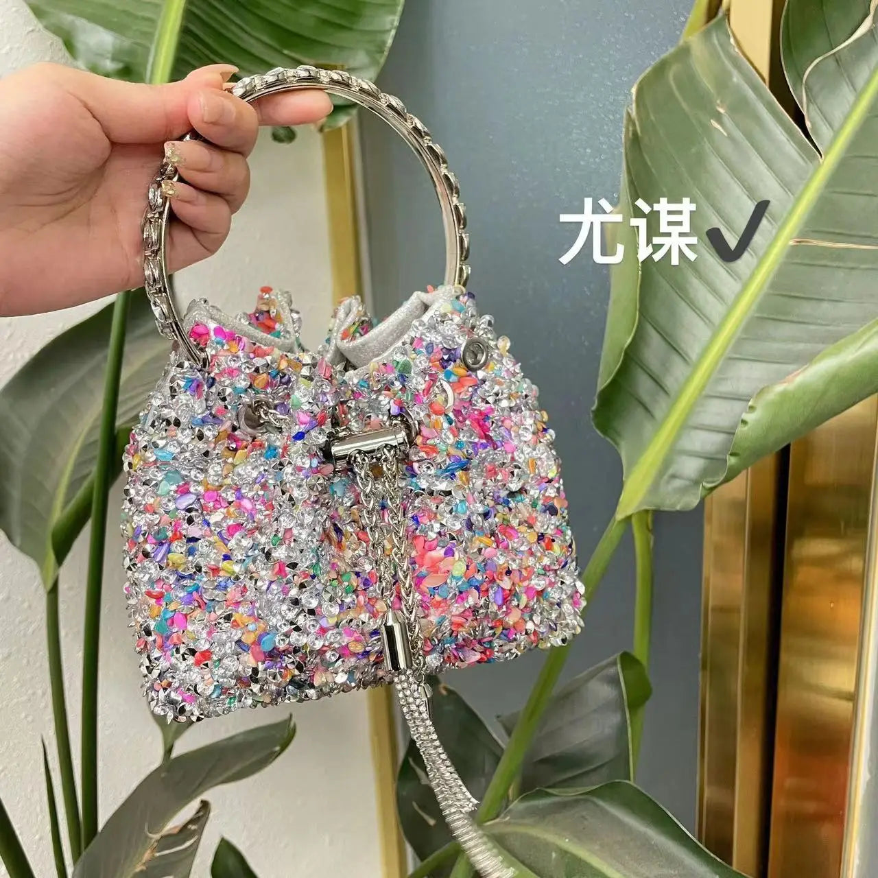 Luxury Designer Colorful Stones Evening Clutch Bag Wedding Party Bucket Purse Metal Handle Women Handbag Shoulder Messenger Bag