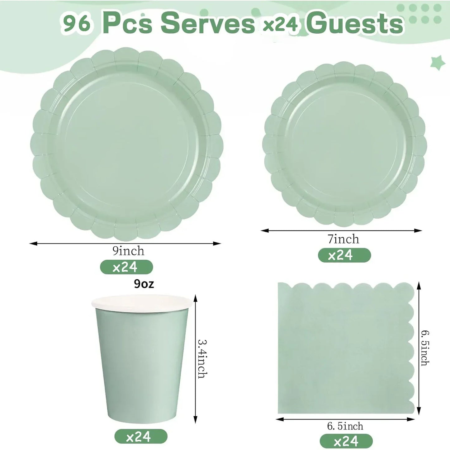 96 Pcs Sage Green Party Cutlery Set Disposable Paper Plates and Cups, Suitable for Weddings, Birthdays, Valentine's Day Supplies