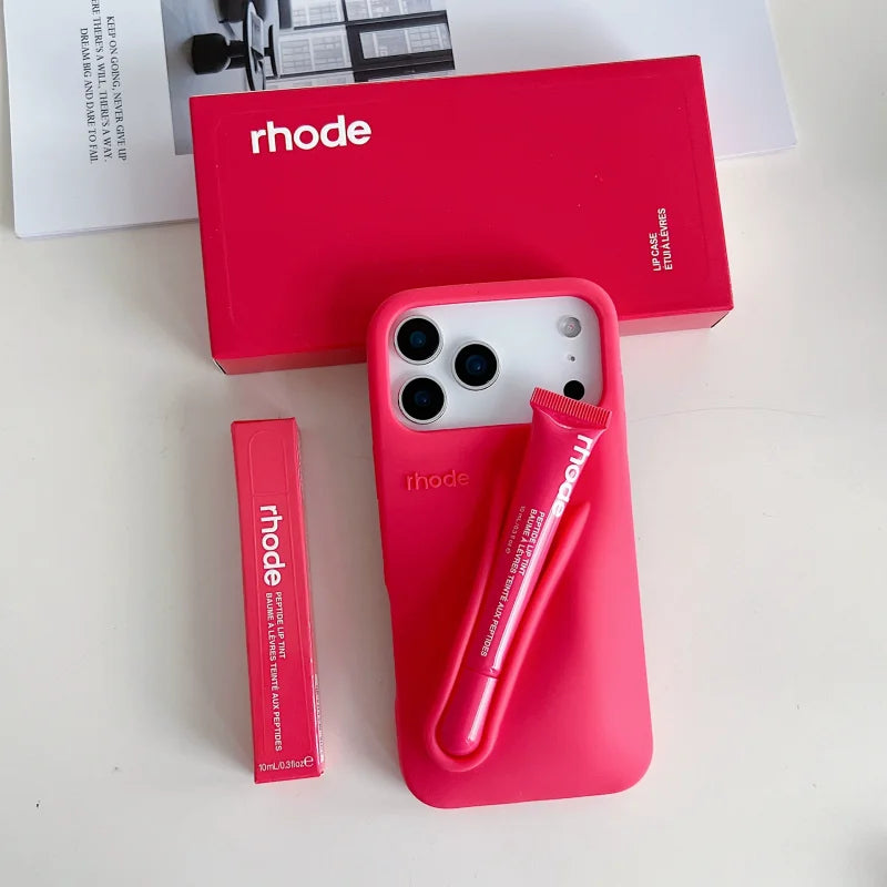 RHODE lip gloss, suitable for iPhone 11/13/14/15/16/17 Pro Max Plus, makeup lip gloss silicone protective cover, with lip gloss