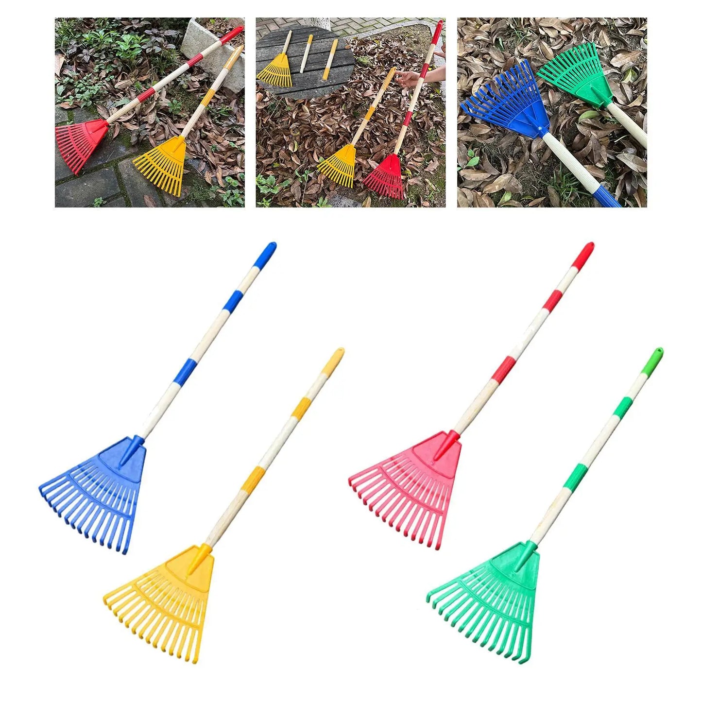 Small Leaf Rake with Long Handle 14 Spikes 3 Sections Quick Clean up Steel Farming Home Gardening Tool for Flower Beds Shrub