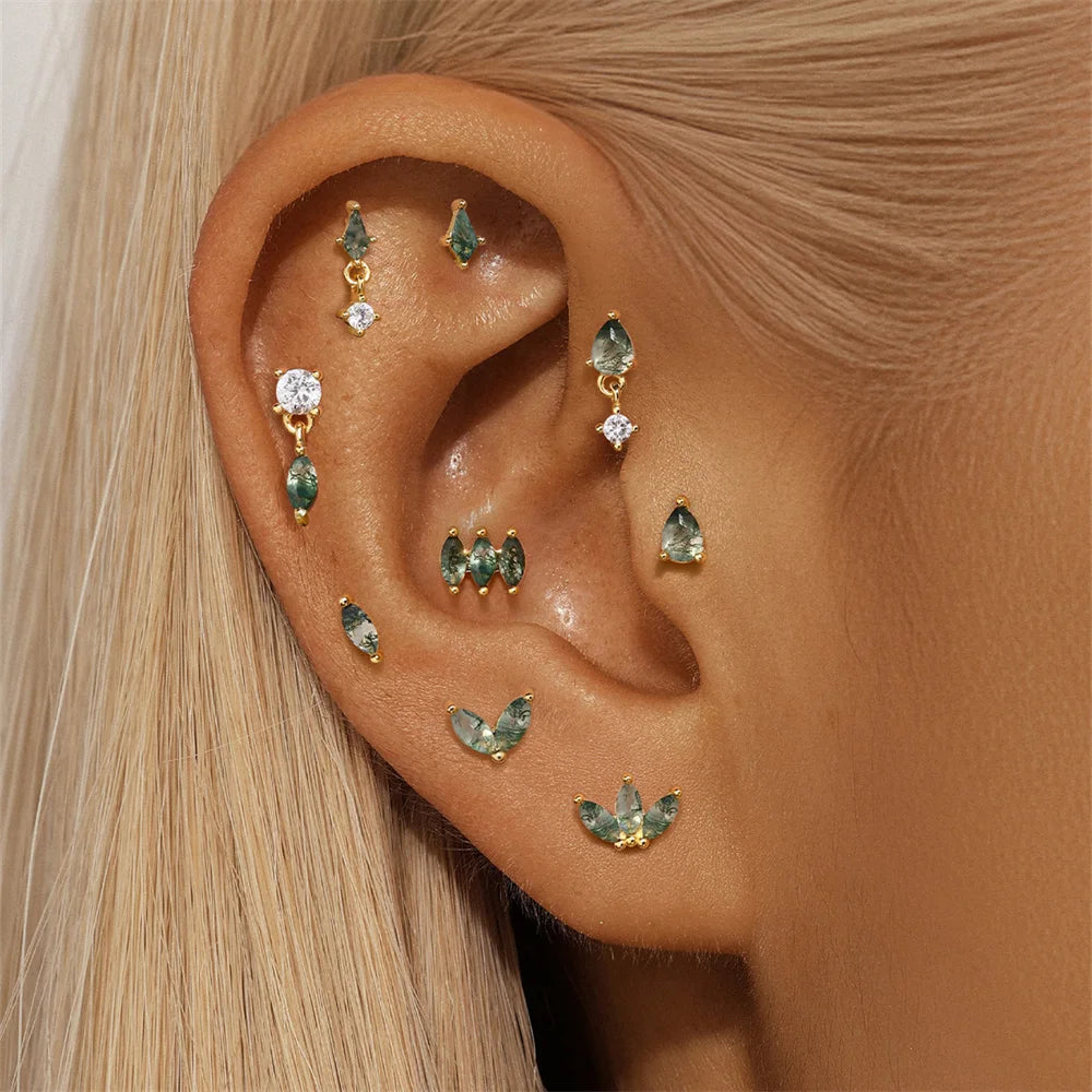 AIDE Water Grass Agate 925 Sterling Silver Flat Head Thread Piercing Earring Green Moss Piercing Ear Bone Earring Jewelry 1pc