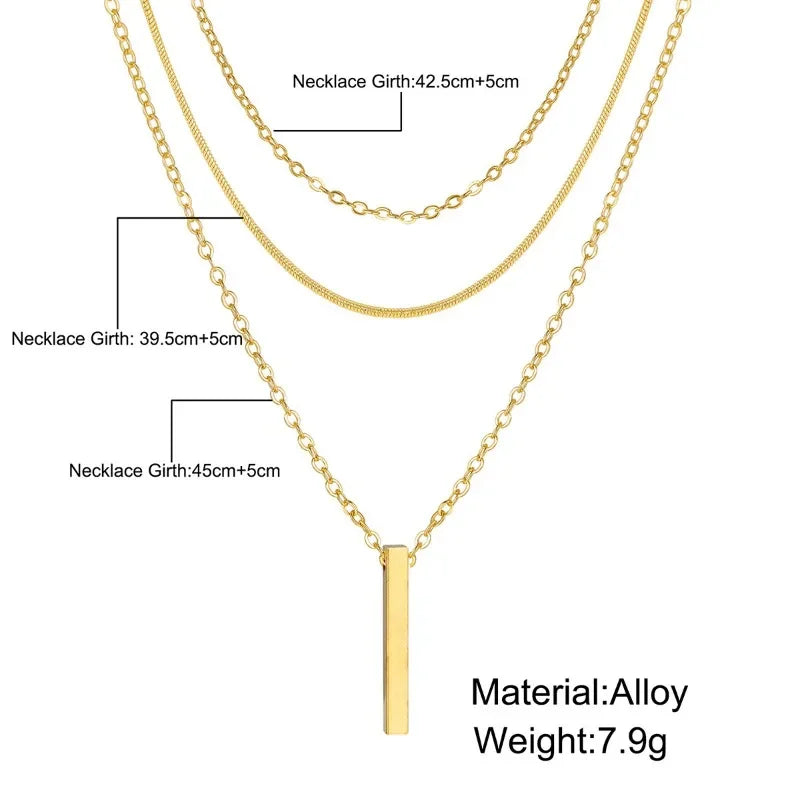 925 Sterling Silver Three-Layer Stacking Necklace Women Simple Strip Pendant Waterproof Hypoallergenic Collarbone Chain Jewelry