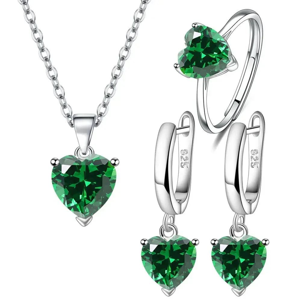 Fine 925 Sterling Silver Color Jewelry Gift Sets for Women Female Romantic Heart Zircon Huggie Earrings Pendant Necklace Ring