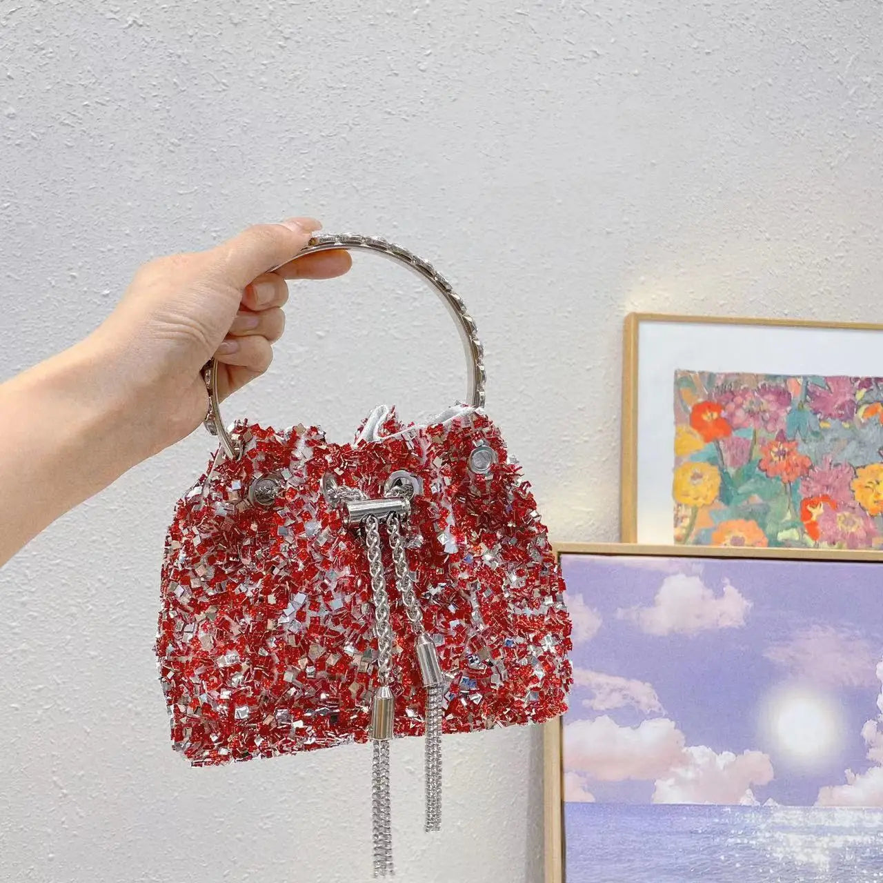 Luxury Designer Colorful Stones Evening Clutch Bag Wedding Party Bucket Purse Metal Handle Women Handbag Shoulder Messenger Bag