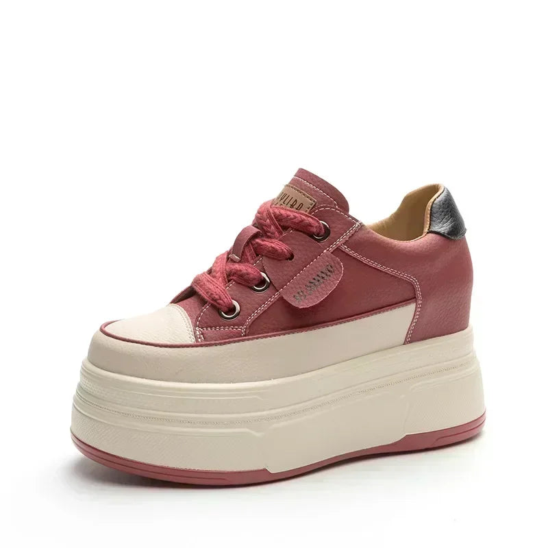 Fujin 9cm 3 inch comfortable platform sneakers for women Genuine Leather Women Vulcanized Shoes Platform High Heels Casual Shoes