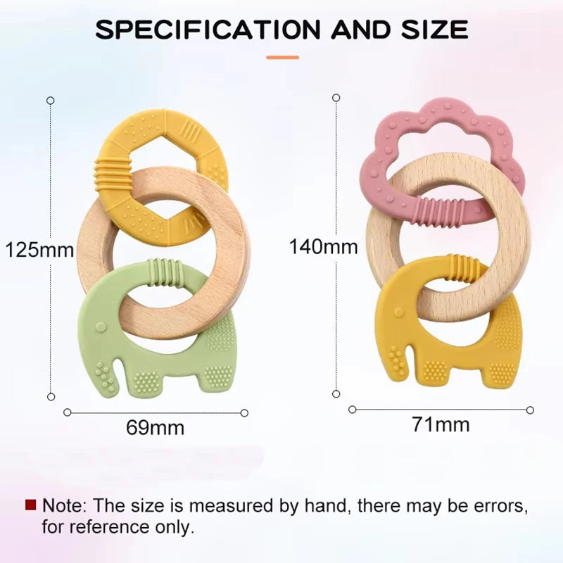 Baby Teething Toys Silicone Wooden Ring Teether BPA Free Cute Elephant Babies Chew Toy for Boys and Girls Newborn Gifts