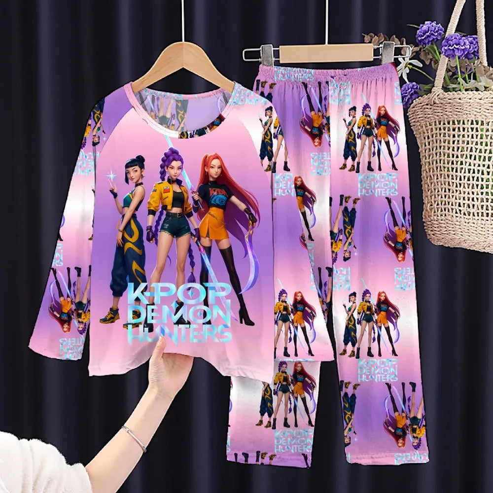 KPop Demon Hunters Huntrix Kids Pajamas Set Long Sleeve Girls Clothing 2pcs Children's Sleepwear Cartoon Boys Nightwear 3-14Y