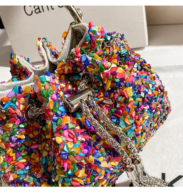 Luxury Designer Colorful Stones Evening Clutch Bag Wedding Party Bucket Purse Metal Handle Women Handbag Shoulder Messenger Bag