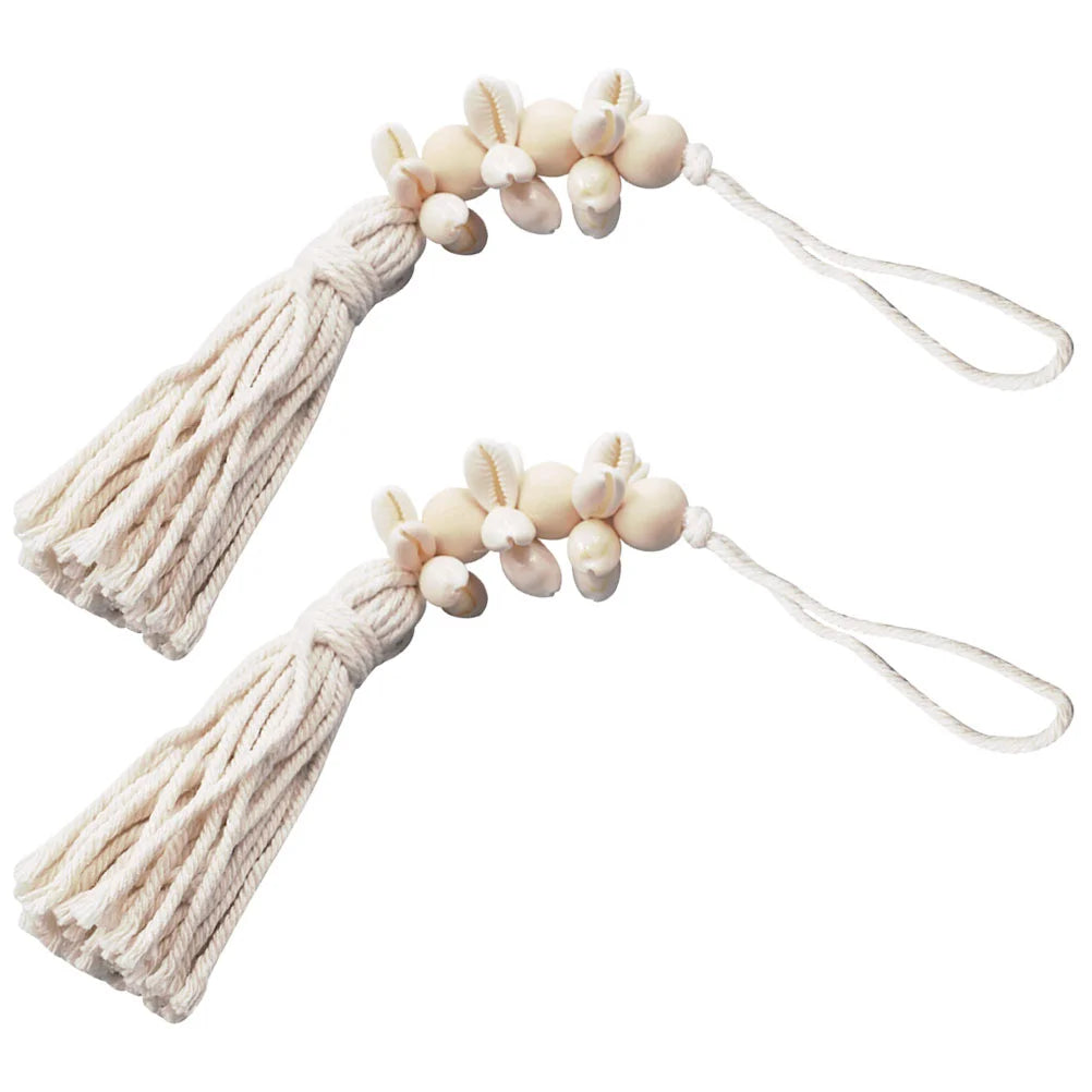 2Pcs Exquisite Boho Seashell Wood Bead String Pendant with Seashells Cotton Tassels Farmhouse Wall Hanging Decor Gifts