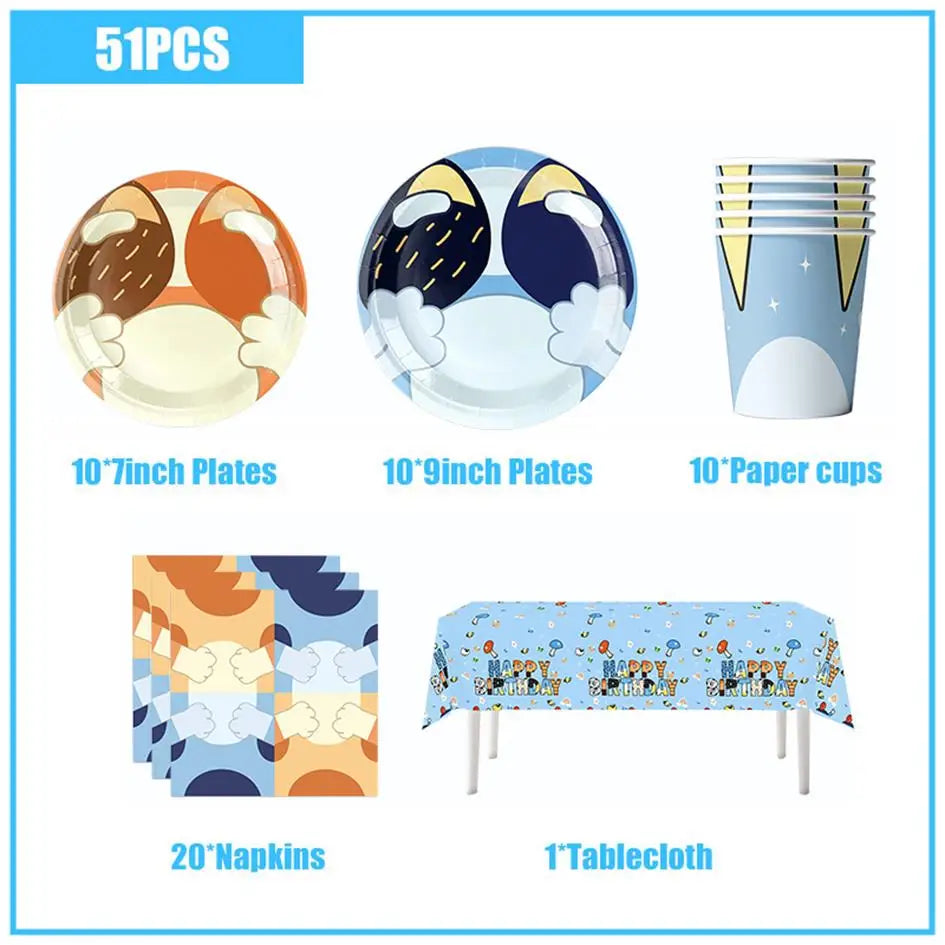New Cartoon Dogs Birthday Party Decoration Full Set Kit Blue Dog Happy Birthday Plates Napkins Cups Tableware Supplies Kid Favor