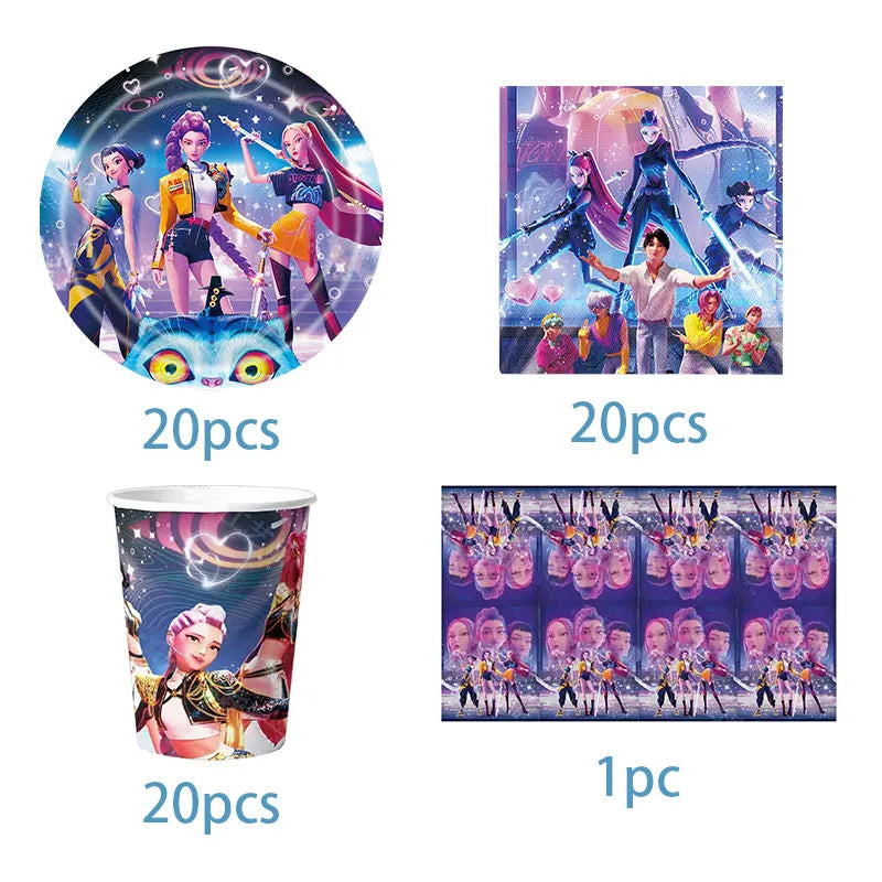 New Anime Kpop Demon Hunters Birthday Party Decorations Set Kpop Theme Cup Plate Gift Bags Balloons Banner Supplies Girls Favors