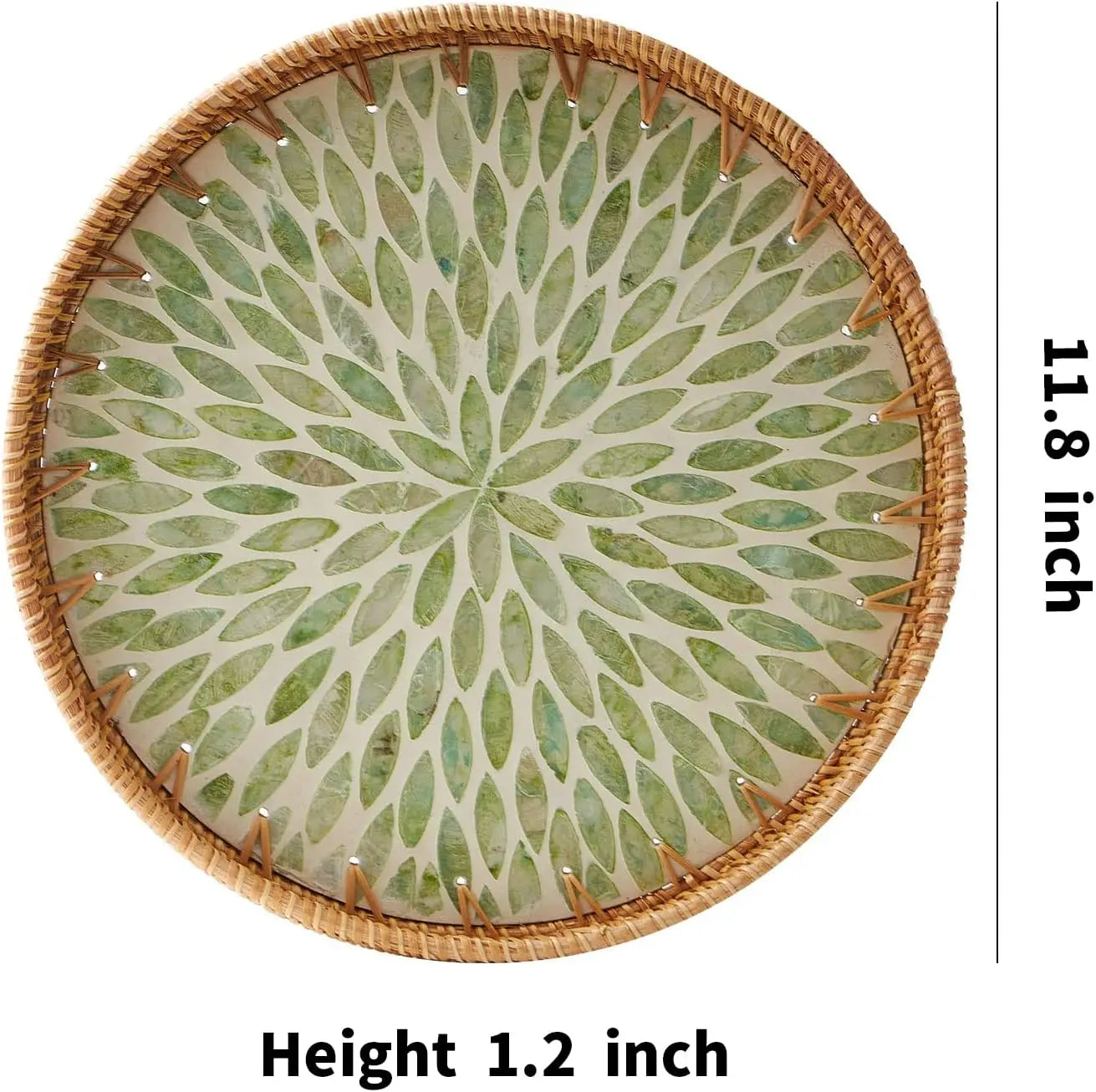 Round Rattan Tray with Mother of Pearl Inlay Rattan Serving Tray Wooden Base Storage and Display of Coffee Bread Food Fruit