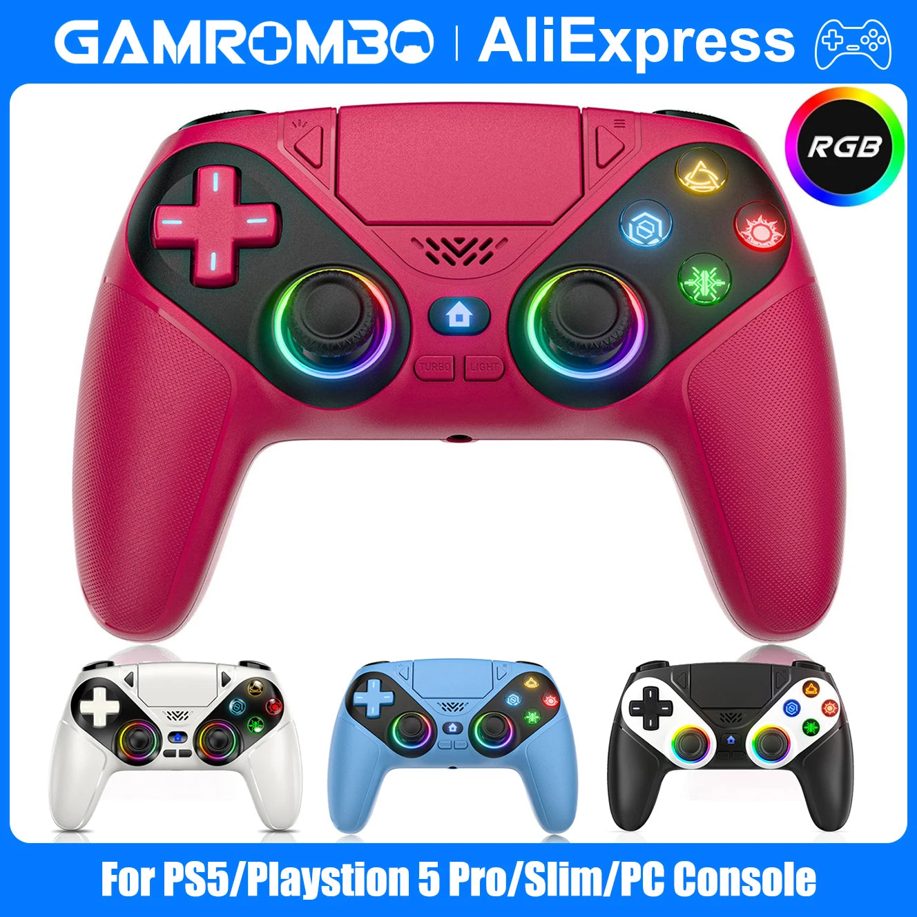 GAMROMBO Wireless Controller for PS5/Playstion 5 Pro/Slim/PC Console W/ RGB Dual Vibration Marco/Turbo Function 3.5mm Audio Jack