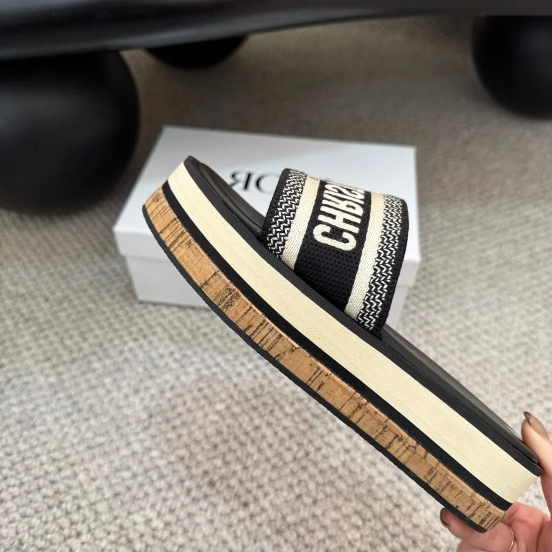 Women's Thick Bottom Slip-On Summer Shoes Embroidered Letter Casual Sandals High Heel Increase Depth Rubber Sole Shoes