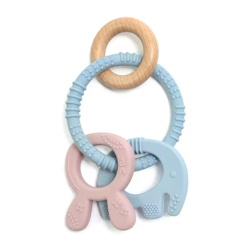 Baby Teething Toys Silicone Wooden Ring Teether BPA Free Cute Elephant Babies Chew Toy for Boys and Girls Newborn Gifts