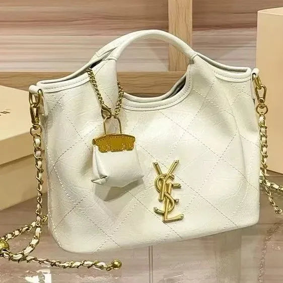 Premium handbag with diamond grid embroidery thread, large capacity vegetable basket bag, chain bar crossbody bag