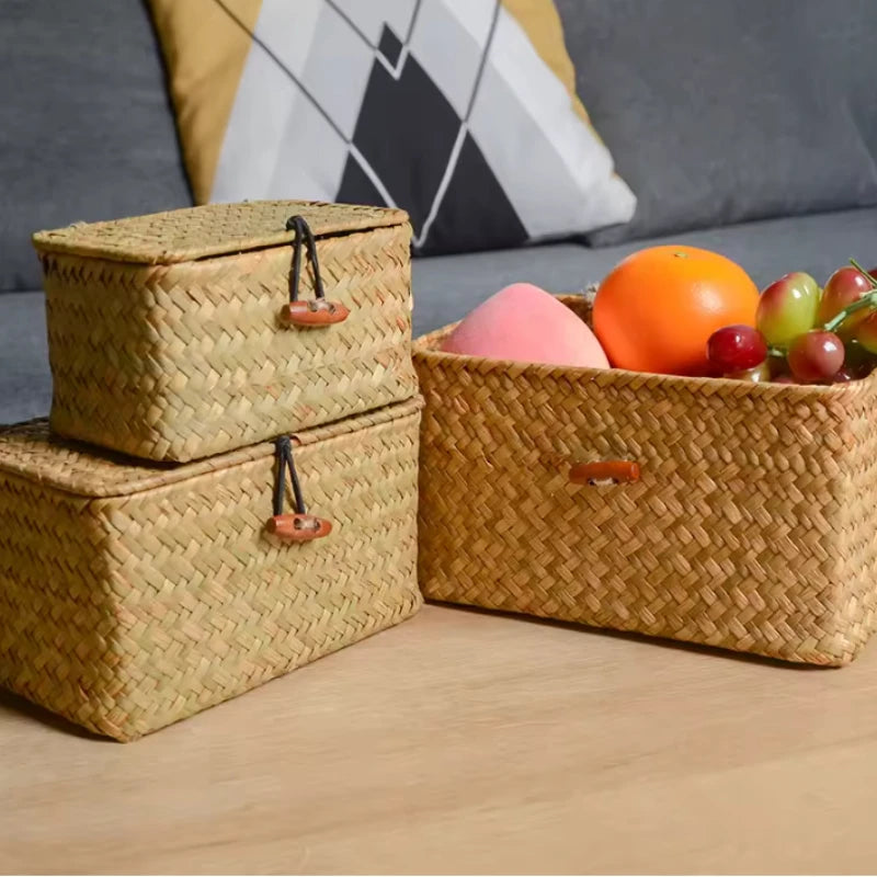 +Handwoven Seagrass Shelf Basket with Lid, Rectangular Desktop Organizer for Makeup & Sundries