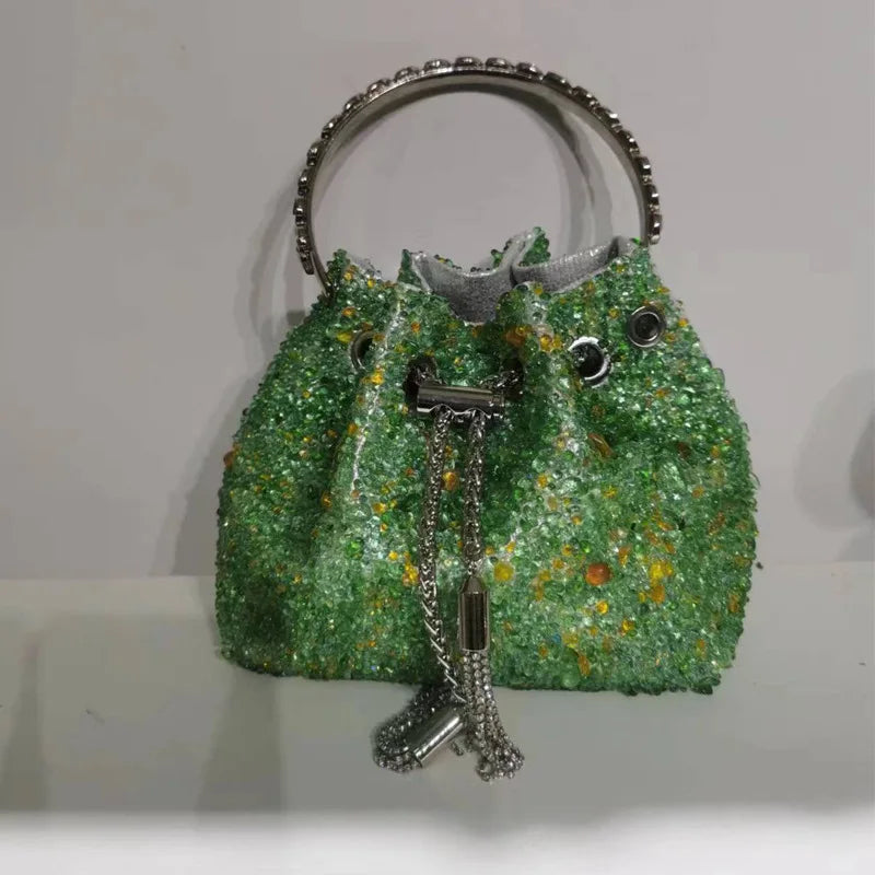 Luxury Designer Colorful Stones Evening Clutch Bag Wedding Party Bucket Purse Metal Handle Women Handbag Shoulder Messenger Bag