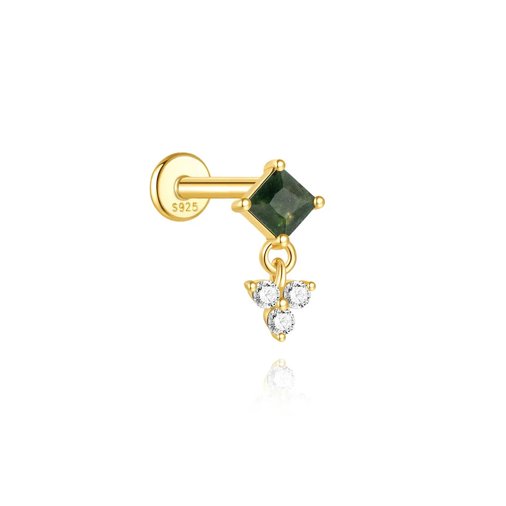 AIDE Water Grass Agate 925 Sterling Silver Flat Head Thread Piercing Earring Green Moss Piercing Ear Bone Earring Jewelry 1pc
