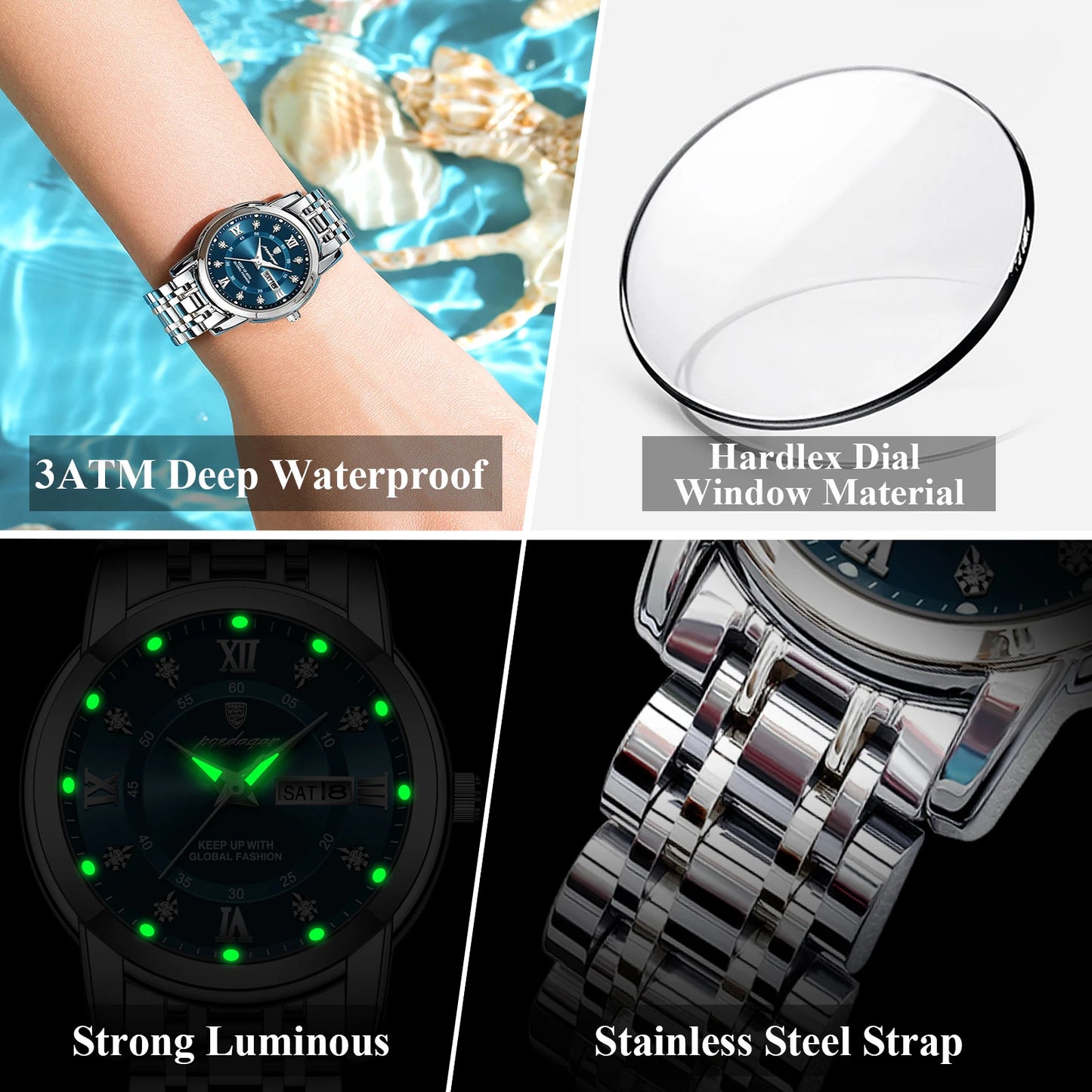POEDAGAR Luxury Women Wristwatch Waterproof Luminous Date Week Women's Watches Stainless Steel Elegant Dress Quartz Ladies Watch
