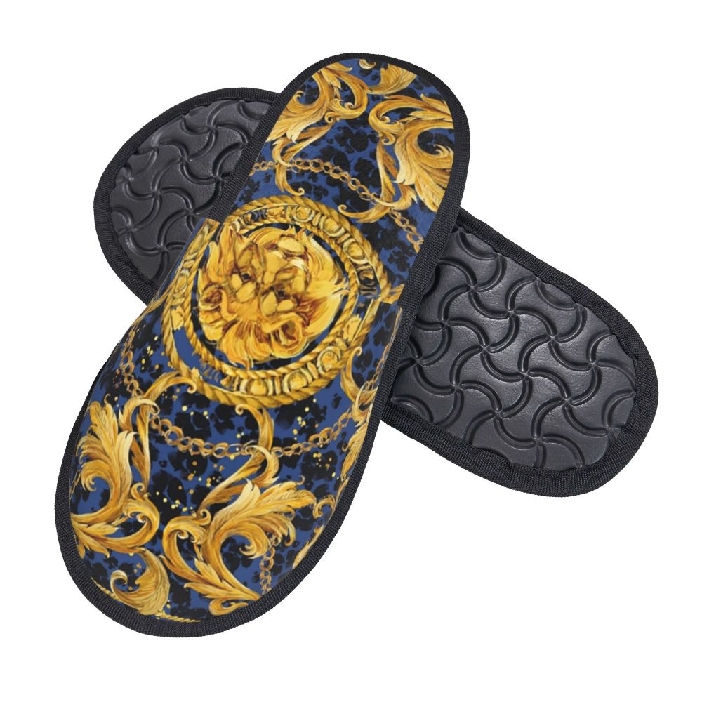 Custom Vintage Baroque Prints Greek Ornament Golden Meander Meandros Soft Scuff Memory Foam Slippers Women Hotel House Shoes