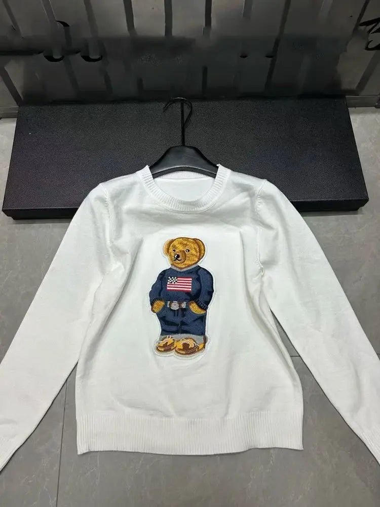 European Style Luxury Brand Loose O-Neck Bear Pullover Tops Knitwear Woman Short Sleeve T-shirt Ladies Wool Knitted Sweater