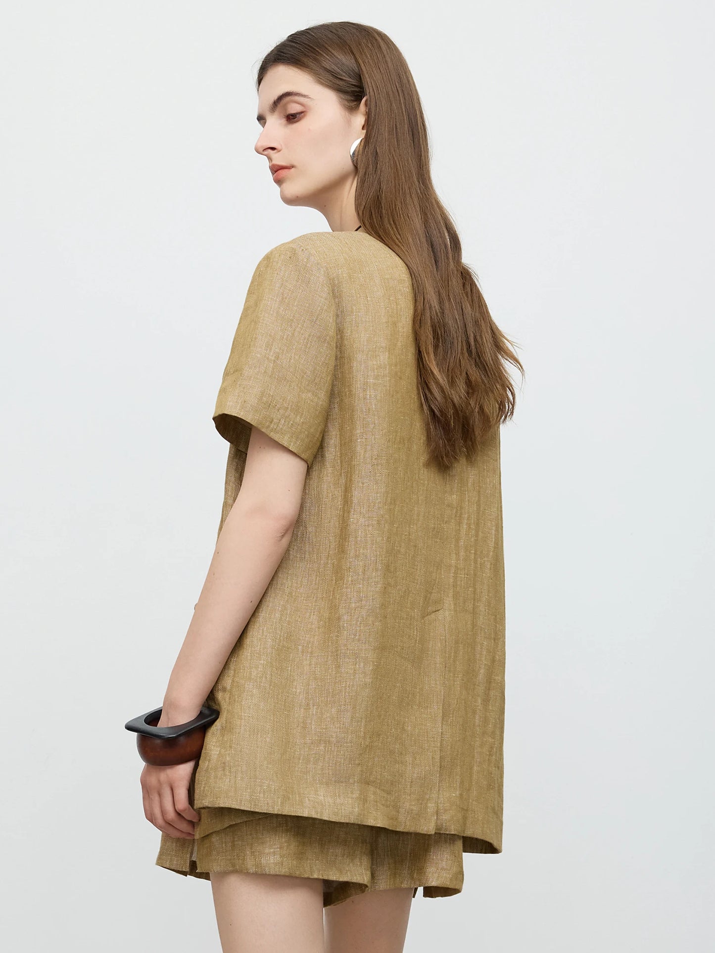 FSLE【Premium Series】V-neck Casual Short-sleeved Shirt Set 2025 Summer 100% Linen Short-sleeved Top Shorts 25FE12092+25FE12093