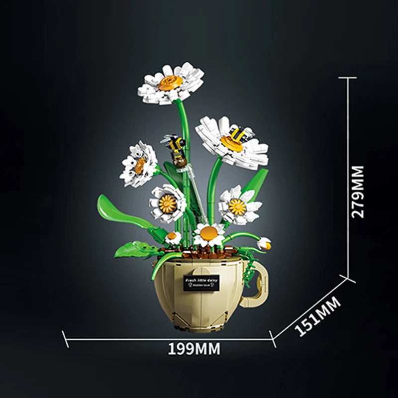 Creative Daisy Tulip Rose Potted Plant Bouquet Ornaments Educational Assembling Building Block Toy Gift Flower Home Decoration