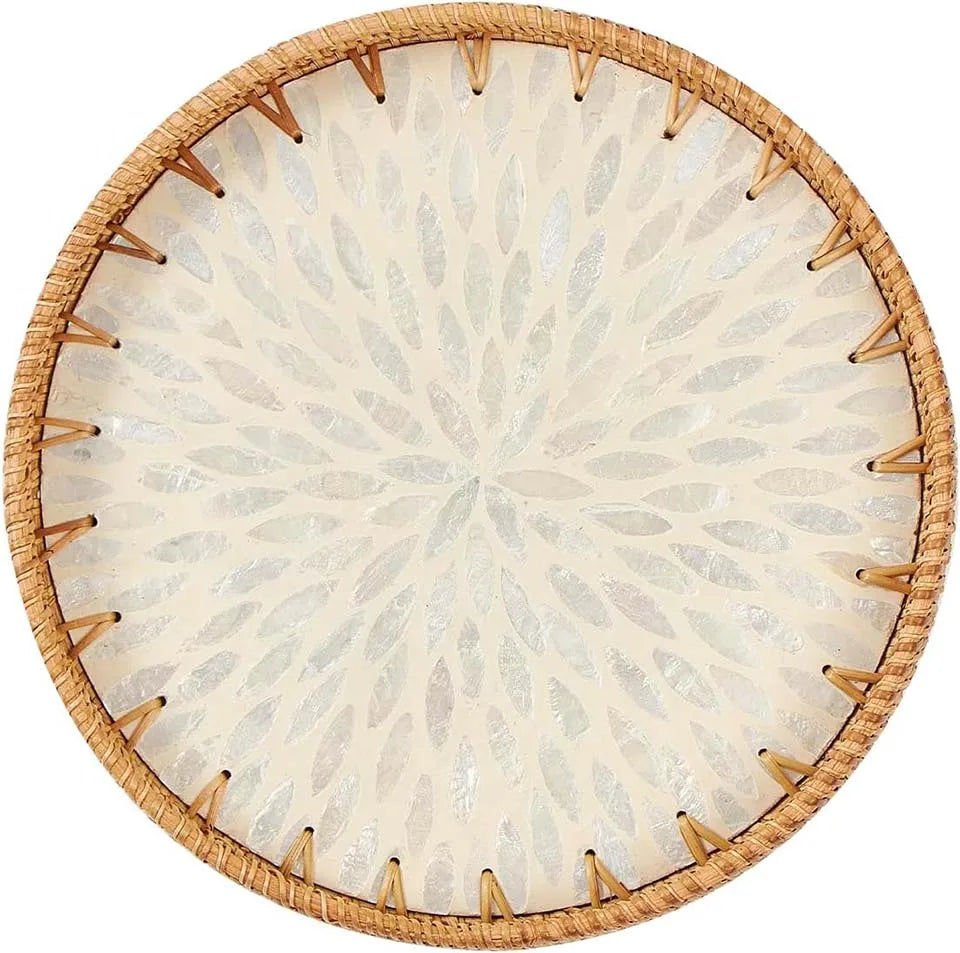 Round Rattan Tray with Mother of Pearl Inlay Rattan Serving Tray Wooden Base Storage and Display of Coffee Bread Food Fruit