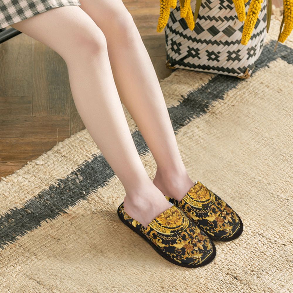 Custom Vintage Baroque Prints Greek Ornament Golden Meander Meandros Soft Scuff Memory Foam Slippers Women Hotel House Shoes