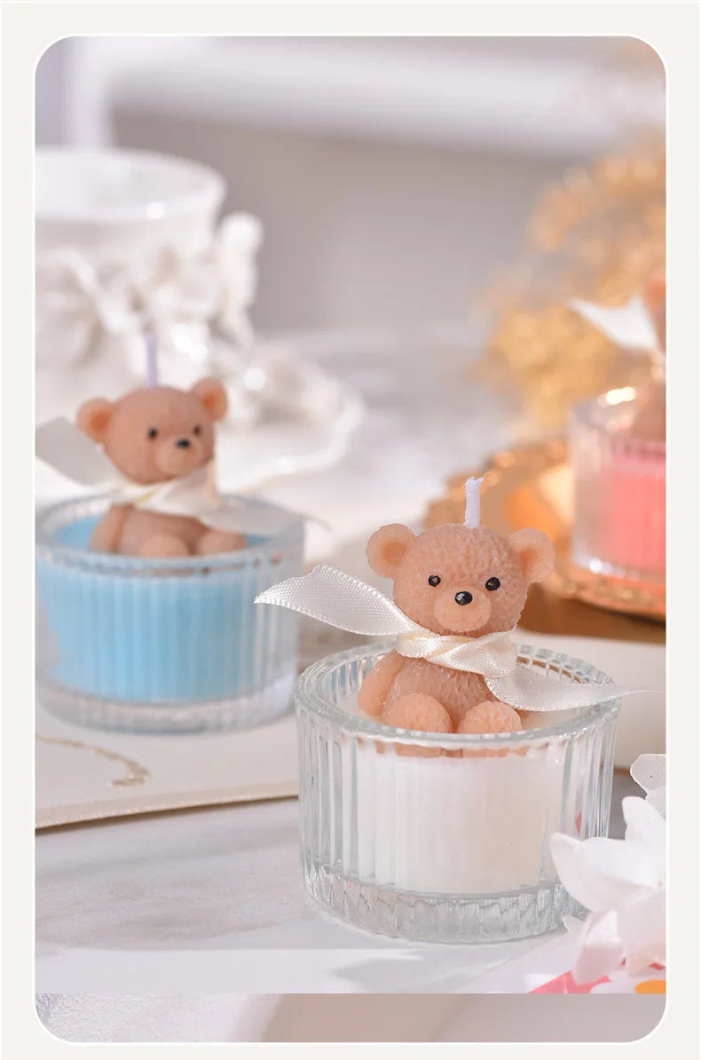 Scented Luxury Teddy Bear Soy Candle in Glass Jar with Ribbon, Creamy Pastel Gifts for Women, Bridal Shower & Holiday Favors
