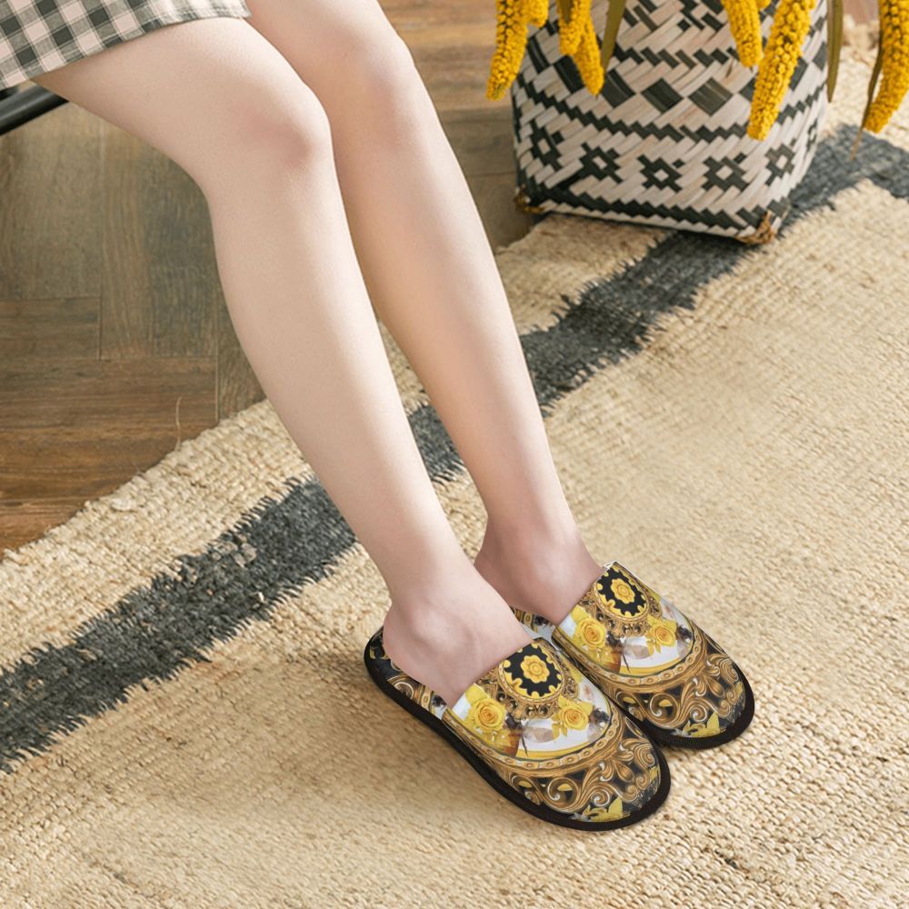 Custom Vintage Baroque Prints Greek Ornament Golden Meander Meandros Soft Scuff Memory Foam Slippers Women Hotel House Shoes