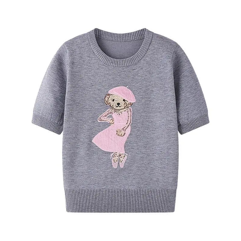 European Style Luxury Brand Loose O-Neck Bear Pullover Tops Knitwear Woman Short Sleeve T-shirt Ladies Wool Knitted Sweater
