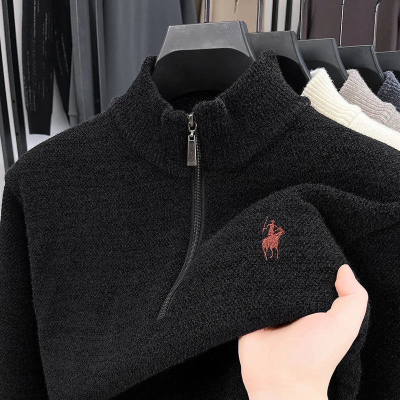 Luxury Quality Men Long-Sleeved Knitwear Mock Neck Half-Zip Thicken Horse Embroidery Spring New Pullover Fashion Casual MensWear