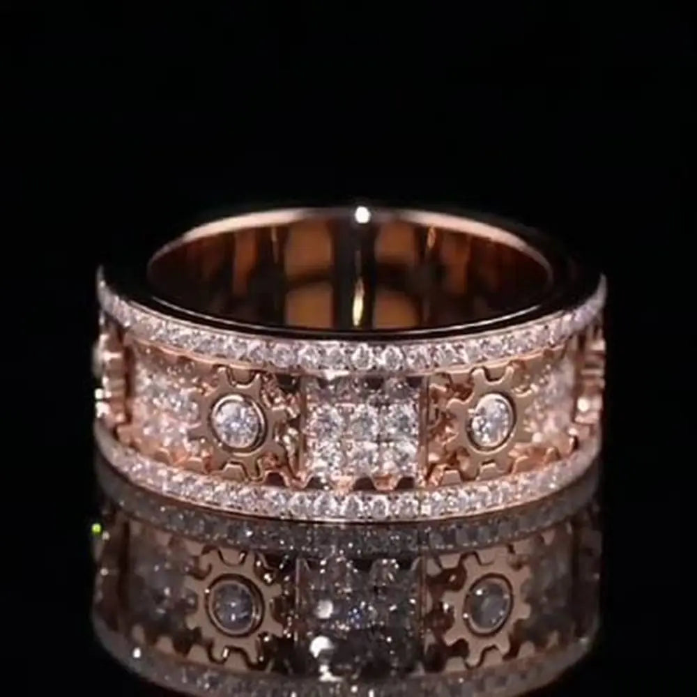 Handmade Diamond Ornate Geometric 3D Band Ring Gear Spinner Rings Rotating Mechanical Decompression Anxiety Ring for Women Men