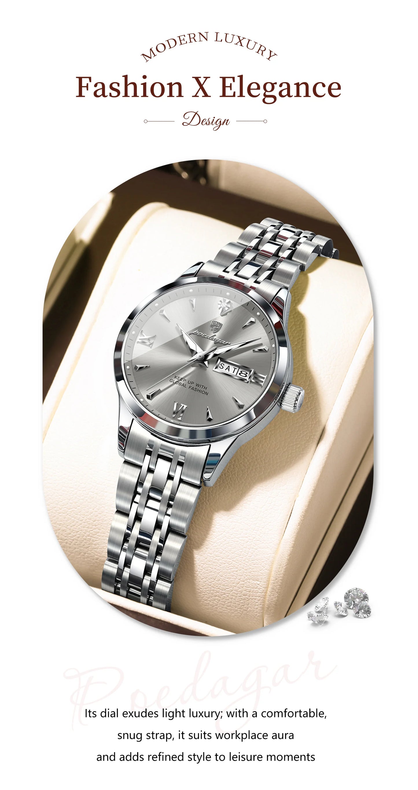 POEDAGAR Original Watch For Woman Waterproof Luminous Date Week Ladies Watch Stainless Steel Quartz Women's Watches Female Reloj