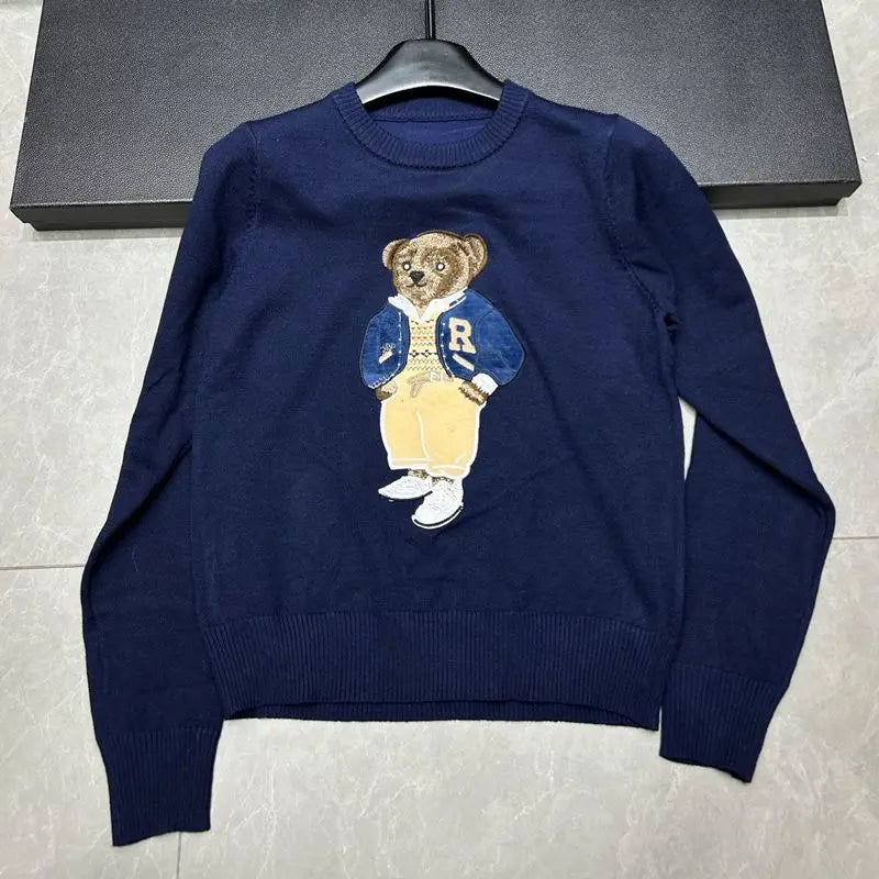 European Style Luxury Brand Loose O-Neck Bear Pullover Tops Knitwear Woman Short Sleeve T-shirt Ladies Wool Knitted Sweater