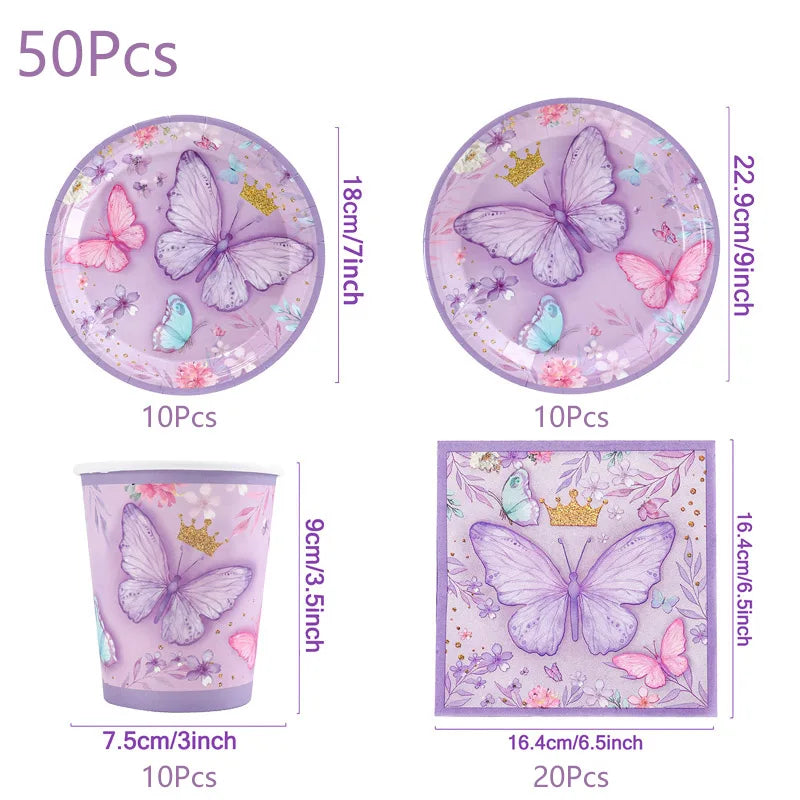 Purple Butterfly Party Decoration Disposable Paper Plates Napkins Cups Straw Tableware Set for Butterfly Birthday Party